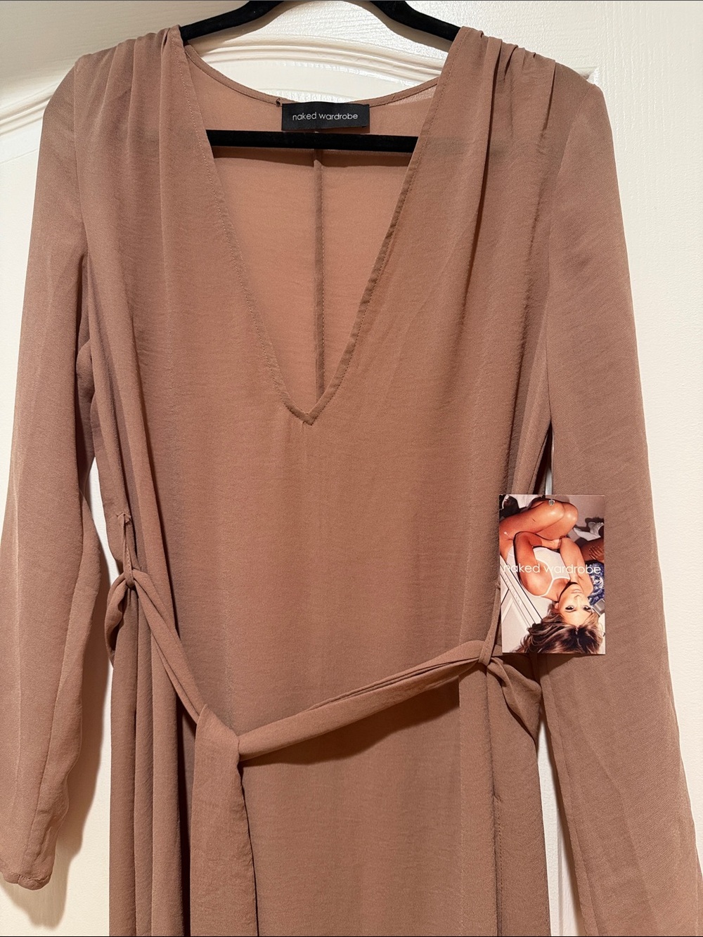 Naked Wardrobe Taupe Wrap Tie-Waist Long Sleeve Maxi Dress